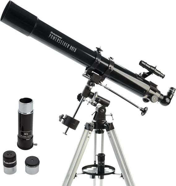 Celestron 21048 PowerSeeker 80EQ Refractor Telescope - includes Two Eyepieces, Erect Image Diagonal, 3x Barlow Lens, Height-adjustable Tripod and Deluxe Accessory Tray, Black