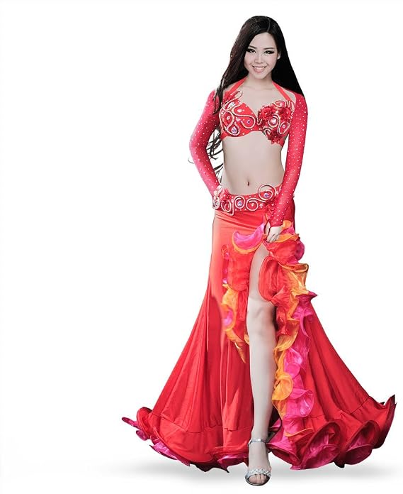ROYAL SMEELA Belly Dance Costume Set for Women Belly Dancing Skirts Bra and Belt Sleeves Professional Suit 4pcs Mermaid Skirt Red
