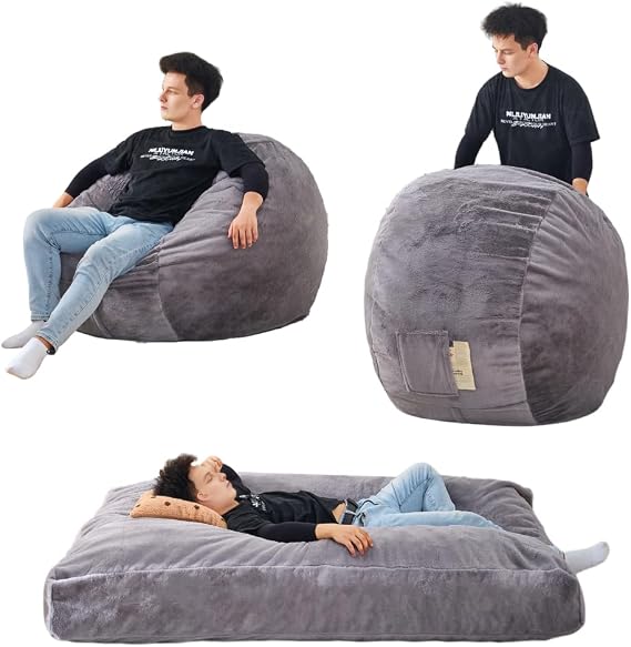 Giant Bean Bag Chair Bed for Adults, Convertible Beanbag Folds from Lazy Chair to Floor Mattress Bed, Large Floor Sofa Couch, Big Sofa Bed, High-Density Foam Filling, Machine Washable