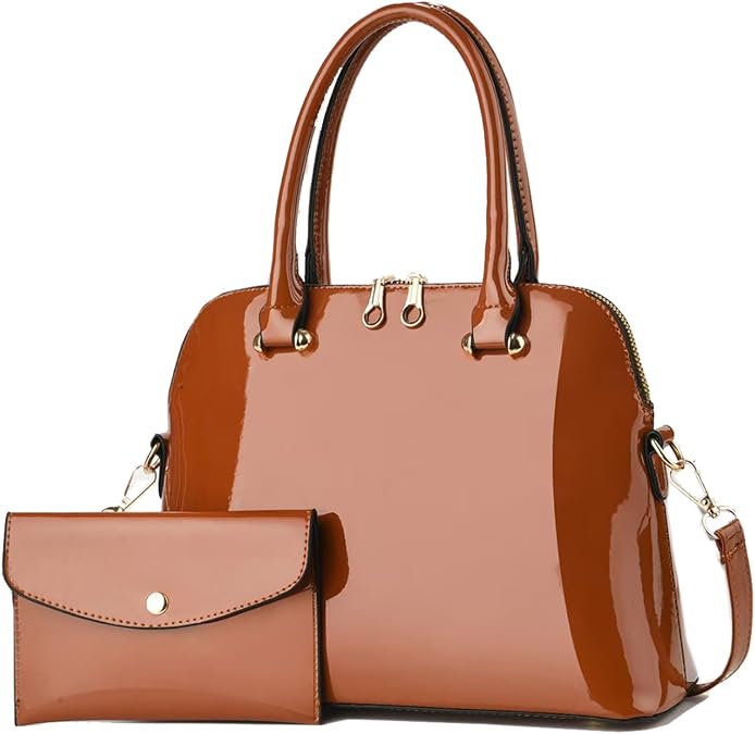 Patent Leather Handbags Shiny Shoulder Bag Elegant Top-handle Purse Come with MINI Clutch for Women