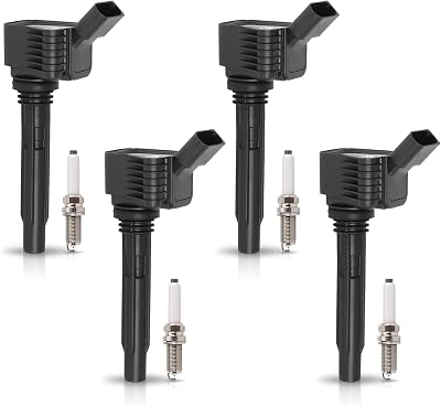Set of 4 Ignition Coil Pack and Spark Plugs Compatible with 1.8 2014 2015 2016 2017 2018 2019 2020 VW Volkswagen Audi Passat Jetta Tiguan Beetle GTI Golf Audi S3 A3 A4 Q3 Replacement for UF765 UF716