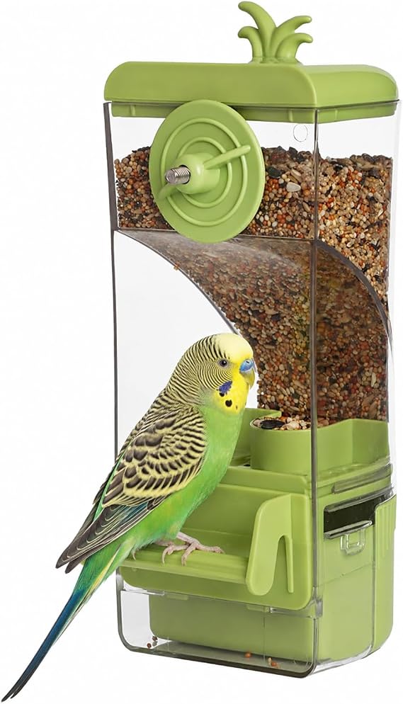 Automatic Bird Feeder for Cage, Bird Cage Feeder with Perch for Parakeet Canary Cockatiel Finch (Green)