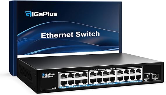 26 Port 2.5Gb Unmanaged Ethernet Switch with 24* 2.5G Base-T Ports, 2* 10G SFP+ Ports. GiGaPlus 2.5Gbps Network Switch for 2.5Gbps NAS/PC, WiFi6 Router, Wireless AP. Fanless Design, Plug and Play