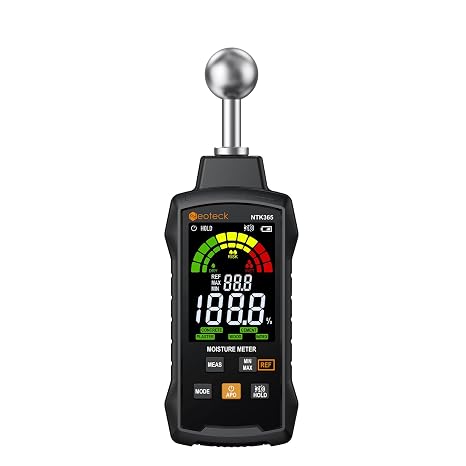 Neoteck Moisture Meter with REF Comparison, 2.5% Accuracy Pinless Non-Destructive Moisture Detector with 5-40mm Measuring Depth,3-Color Warning Display,5 Modes for Wood Concrete Cement Plaster