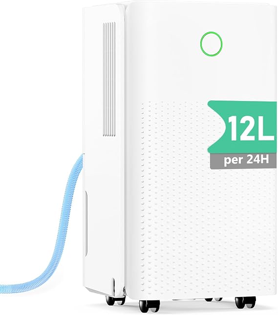 Dehumidifier 12L, Dehumidifiers for Home Damp with 1-24H Auto-off Timer, Humidity Setting, Drainage Hose, Quiet Dehumidifiers for Laundry Drying, Ideal for Bedroom/Basement, Auto Defrost, Low Energy