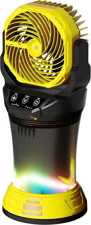 Wilody Misting Fan Portable Battery Powered, Camping Fan with RGB Ambient Light with 2L Bucket, Battery Indicator, 120 Auto Oscillating, Timing Function, Grip Handle(Yellow)