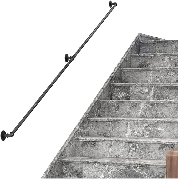DIYHD 10FT Stair Black Pipe Handrail with 3 Wall Mount Supports,Rustic Black,Round Corner Style