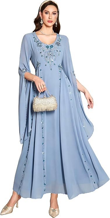 WYFKYMXX Muslim Abaya for Women Chiffon Beaded Abaya for Women with Split Sleeves for Ramadan Wedding Party Modest Fashion Abaya for Wedding.