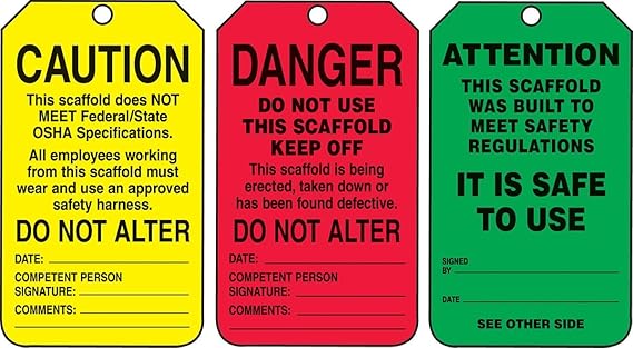 AccuformNMC Danger/Caution/Attention, Pack of 25 PF-Cardstock Scaffold Status Tag, Legend, 5.75" x 3.25", Black on Green/Yellow/Red, TSS200CTP, American Made Safety Tags, Signs, and Labels