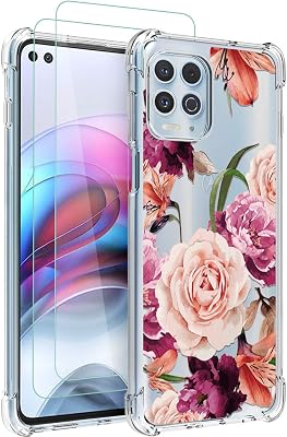 Osophter for Moto G100 Case,Moto Edge S Case with 2pcs Screen Protector Flower Floral for Girls Women Shock-Absorption Flexible TPU Rubber Phone Cover for Motorola G100Purple Flower