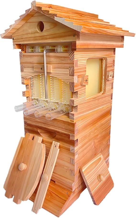 Auto Bee Hives Boxes, Self-Flowing Honey Beehive Wooden Box, Window & Honey Spout, Auto-Flow Frames & 6 Brood Frames, Beehives and Supplies Starter Kit for Beekeepers