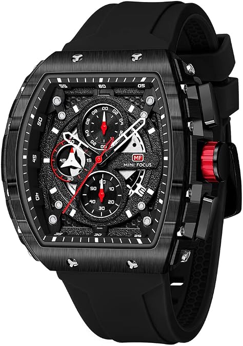 MF MINI FOCUS Men's Watch Fashion Tonneau Wrist Watches (Chronograph/Waterproof/Luminous/Calendar) Silicon Strap Quartz Watch for Men