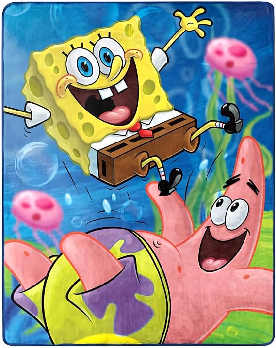 Nickelodeon Spongebob Squarepants Silky Soft Throw Blanket., Blue, Yellow, Pink, Green, White