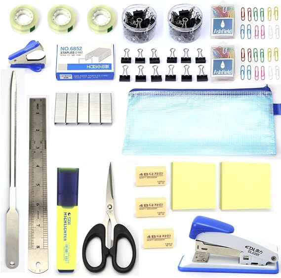 20-Piece Office Supplies Kit, set, Stationery Set, Desk Accessory kit with Staple, Ruler, Erasers, Letter Knife, Scissors, Sticky Pad, Tape, Stapler,APL 110000 230mm*130mm*160mm