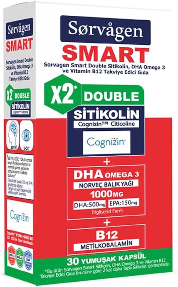 SORVAGEN SMART DOUBLE SİTİKOLİN (250 mg), DHA OMEGA 3 VE B12 (30 Kapsül)