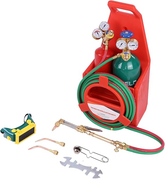 Oxy Acetylene Torch Kit, Oxy Acetylene Torch Set with Gauge Oxygen Acetylene Welding Cutting Torch Kit, Portable Brazing Torch Kit with Ergonomic Carrying Handle, Long Pipe Brass Nozzle (3591977-A)