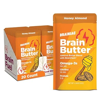 Brainiac Almond Butter Blend with Omega-3s, Honey Almond, 20 Count, 1.15 oz. Almond Butter Pouches with Real Ingredients, Protein, Omega-3s and Choline Healthy Snacks for Kids and Adults