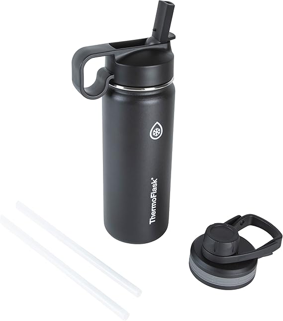 ThermoFlask 18 oz Double Wall Vacuum Insulated Stainless Steel Water Bottle - Reusable with Leakproof Chug & Straw Lids - Keeps Drinks Cold 24 hr/Hot 12 hr - Easy Maintenance - Gym/On-the-Go, Black