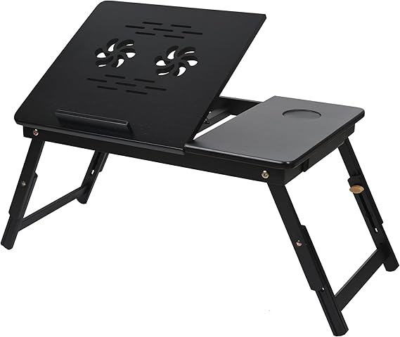 VASMIA Laptop Table,Laptop Desk for Bed with Adjustable Angle and Height,Bamboo Folding Desk for Working Reading and Breakfast,Black