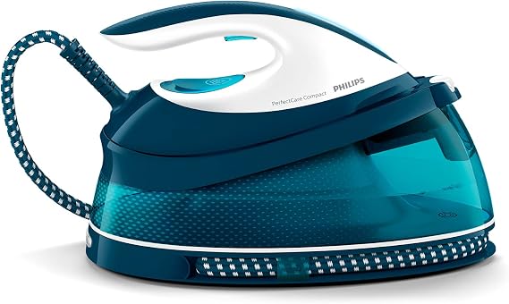 Philips Domestic Appliances Perfect Care Compact Steam Iron OptimalTemp Technology 120 g/min Continuous Steam 2400 W 6.5 Bar Pressure 1.5 Litre Water Tank SteamGlide Soleplate Blue (GC7844/20)
