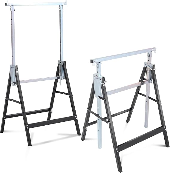 Auto Dynasty 2-Pack Sawhorse, 7-Level Adjustable Folding Stand, 440Lbs | 2 Pack Saw Stand, Quick-Build Foldable Design, Heavy-Duty Steel Frame, Miter Saw Compatible, 440Lbs Capacity, Black/Chrome