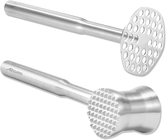 Meat Tenderizer Mallet and Potato Masher, Dual Side Meat Hammer 304 Stainless Steel, Masher Kitchen Tool 316 & 304 Stainless Steel, 2 Item Bundle