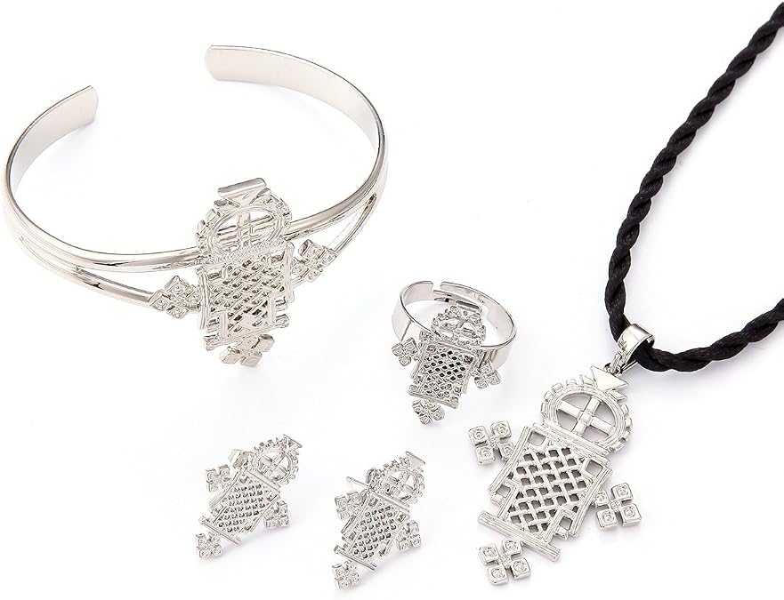 Ethiopian Classic Cross Jewelry Silver Plated Habesha Jewelry Wedding 4PCS Sets