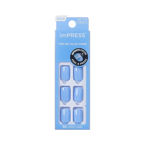 Kiss Impress No Glue Mani Press On Nails, Color,#39;Baby why so Blue', Blue, Short Size, Squoval Shape, Includes 30 Nails, Prep Pad, 1 Manicure Stick, 1 Mini File