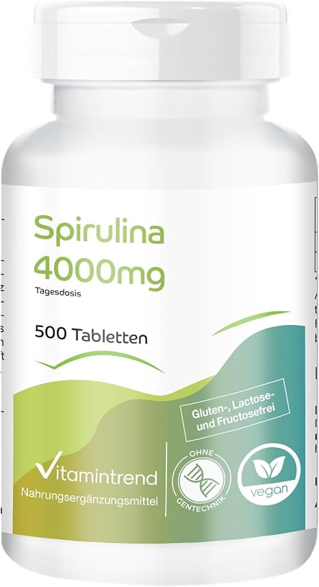 Vitamintrend Spirulina 4000 mg per daily dose 500 tablets 100% Spirulina platensis dietary supplement vegan without magnesium stearate made in Germany