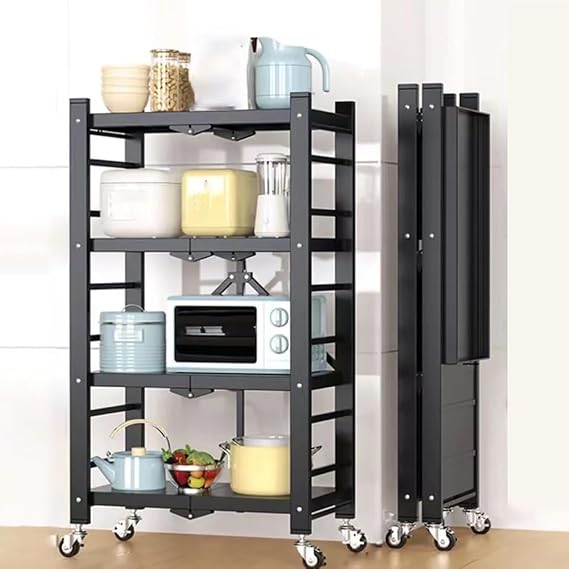 Installation-Free Kitchen Organizer, Floor-Standing Storage Rack with Swivel Wheels for Heavy Pots And Cookware, Suitable for Kitchen Counters And Cabinets,Black 4 tiers