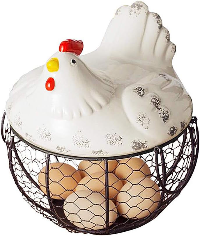 Metal Mesh Wire Egg Storage Basket, Egg Holder Rack Display Stand with Ceramic Farm Chicken Cover And Double Handles7.7" x 9"