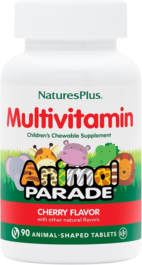 NaturesPlus Animal Parade Multivitamin Children's Chewables - Cherry Flavor - 90 Animal-Shaped Tablets - Promotes Health & Well-Being - Vegetarian, Gluten Free - 45 Servings