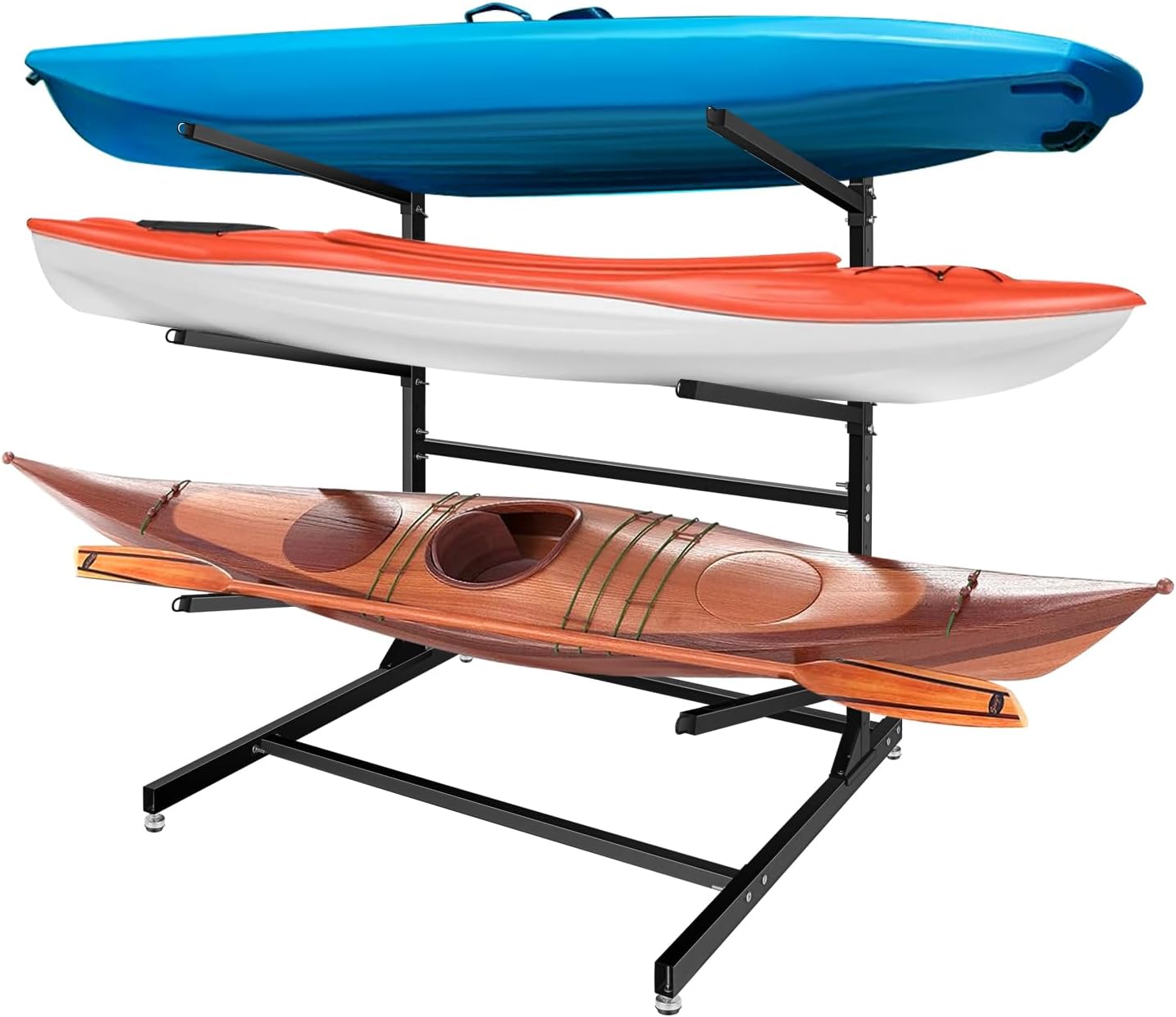 Kayak Storage Rack, Heavy Duty Adjustable Metal Freestanding Stand with Lockable Wheels for Kayaks, Kayak Rack for Garage, Paddleboards, Surfboards Indoor & Outdoor Use 3 Levels