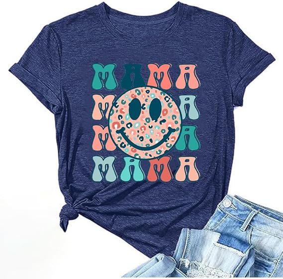 Mama Shirts for Women Funny Graphic Print Summer Short Sleeve Mothers Day Clothing Gifts for Mom