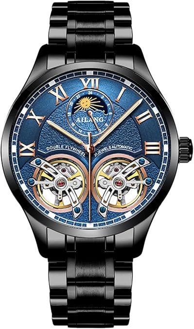 AILANG Men's Skeleton Watches Automatic Mechanical Watch with Dual Balance Wheels (Black Blue-B)
