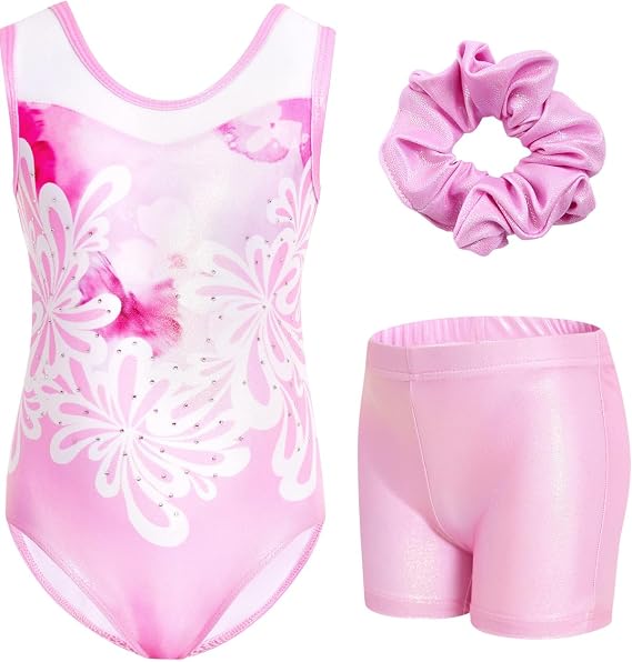 JiAmy Girls Gymnastics Leotards 3 Pcs Sleeveless Sparkly Dance Unitards