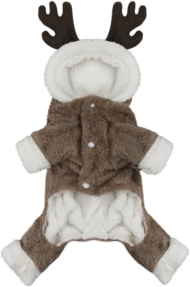 Cute Cartoon Pet Reindeer Cosplay Halloween Christmas Elk Costume Dog Puppy Hoodie Coat Jacket Clothes Soft Coral Velvet Fleece Winter Warm Hooded Sweater Jumpsuit Outfit Apparel for Small Dogs Cats