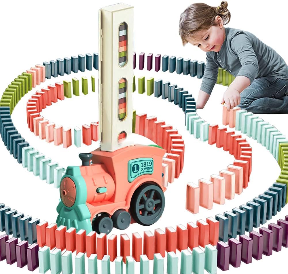 Automatic Domino Train Toy Set, 2025 Upgrade Electric Domino Train Blocks Set, Kids Dominoes Toys Electric Domino Train Set, Creative Educational Toy Game for Boys and Girls Pink, 180 Dominoes