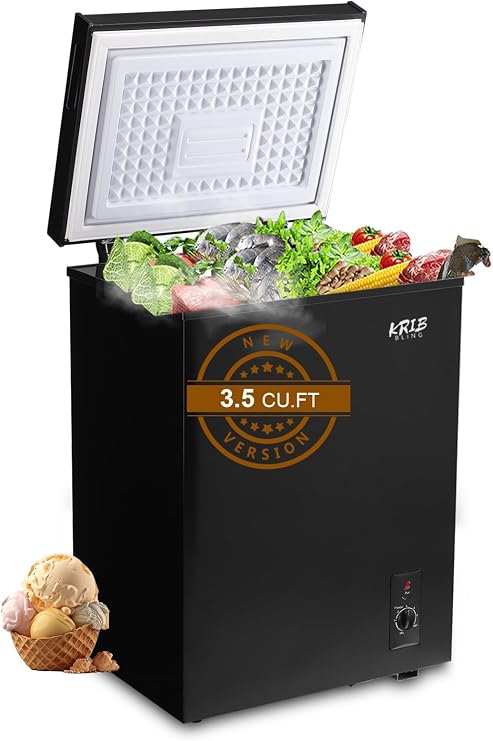 Chest Freezer 7 Gears Temperature Control Mini Compact Deep Freezer with Top Open Door and Removable Storage Basket 3.5 Cu.Ft Black