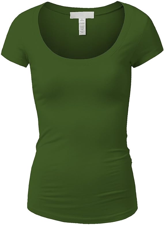 Active Basic Womens Plain Basic Deep Scoop Neck with Cap Short Sleeves - Olive - X-Large