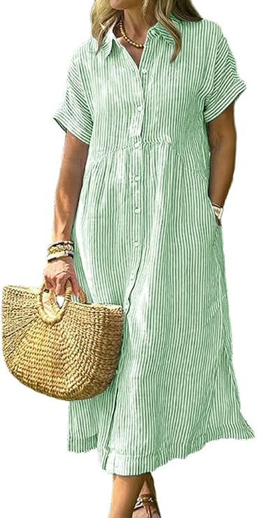 chouyatou Women's Summer Striped Midi Long Shirt Dress Casual Loose Short Sleeve Button Down Dress