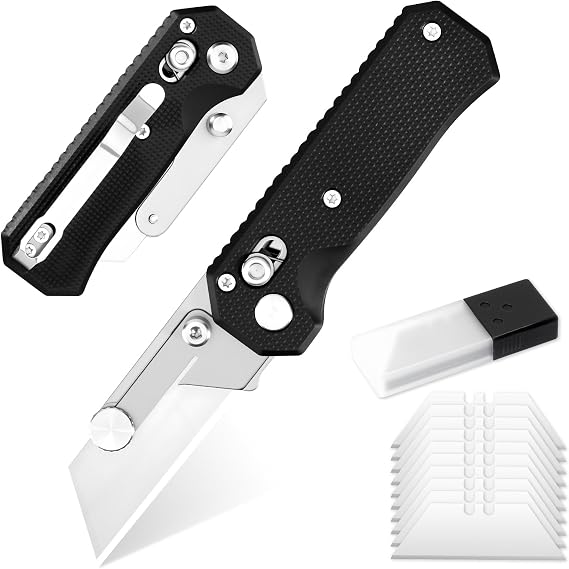 Folding Utility Knife with 10Pcs Blades, EDC Quick Change Box Cutter with Clip Rail Lock, Black Razor Knife for Men Office Factory Work