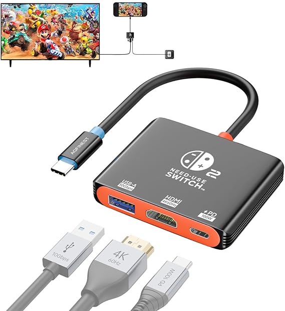 Switch 2 Dock TV Adapter, 4K@60Hz USBC to HDMI Portable 3-in-1 Hub | For Switch 2(v.22.0.0+), Switch 1, OLED, Steam Deck to Monitor TV | Supports 100W PD, USB 3.1 Data Transfer