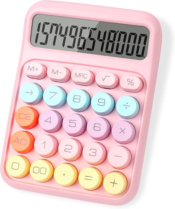 lohey Calculator, 12 Digit Cute Desk Calculator with LCD Display and Big Round Buttons, Pink Calculators Large for Office Home School Business