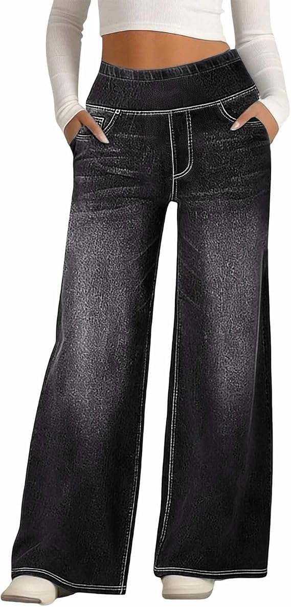Baggy Sweatpant Jeans Women Wide Leg Pull On Stretchy Relaxed Fit Denim Trousers Casual High Waisted Straight Pants