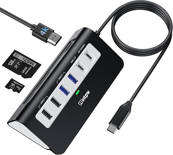 intpw USB C Hub, P9 USB C Hub Multiport Adapter with 4K HDMI, PD 100W, Type-C & 2 USB A 3.0 5Gbps, 2 USB A 2.0, SD/TF Card Reader, Aluminum USB Hub for Laptop, iPhone 17 Series, MacBook, iPad