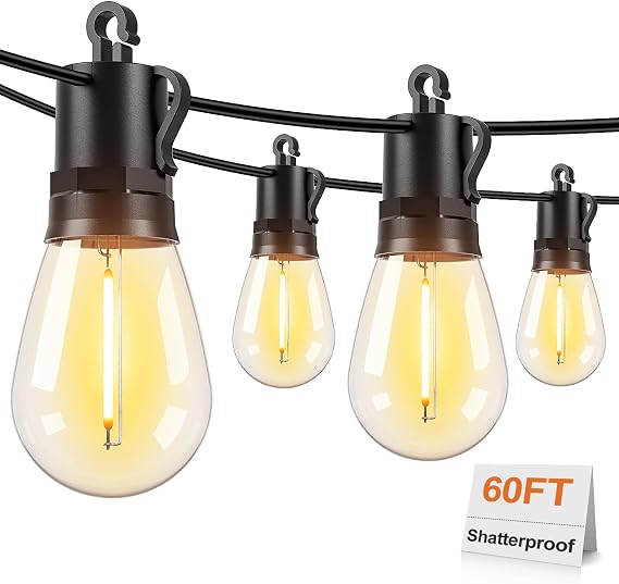 Brightever LED Outdoor String Lights, 60FT Patio Lights with 17 Shatterproof S14 Vintage Edison Bulbs(1 Spare), Outside Hanging Lights Waterproof for Porch, Garden, Deck, Backyard, 2700K Dimmable