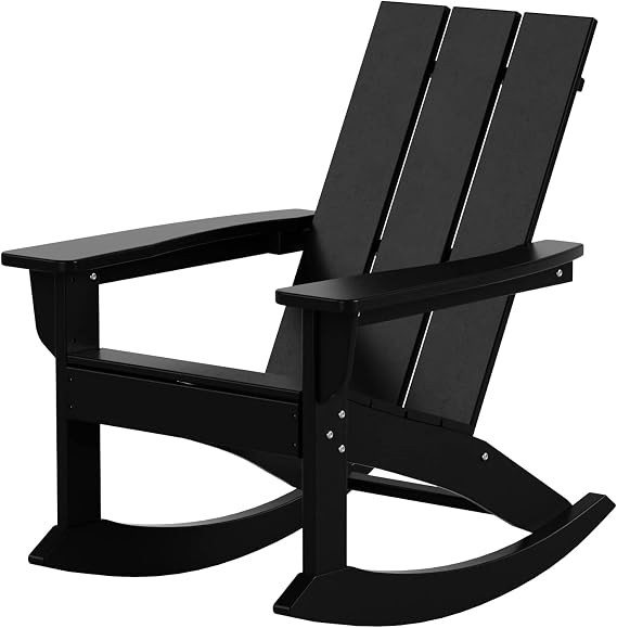 WestinTrends Ashore Patio Rocking Chair, All Weather Poly Lumber Plank Adirondack Rocker Chair, Modern Farmhouse Black Rocking Chairs for Porch Garden Backyard and Indoor