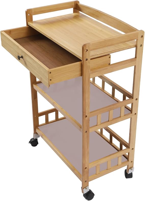 Xuthusman 3-Tier Rolling Utility Cart with Drawer,Bamboo Cart with Locking Wheels Heavy Duty Utility Service Cart for Warehouse Office Home Restaurant Kitchen