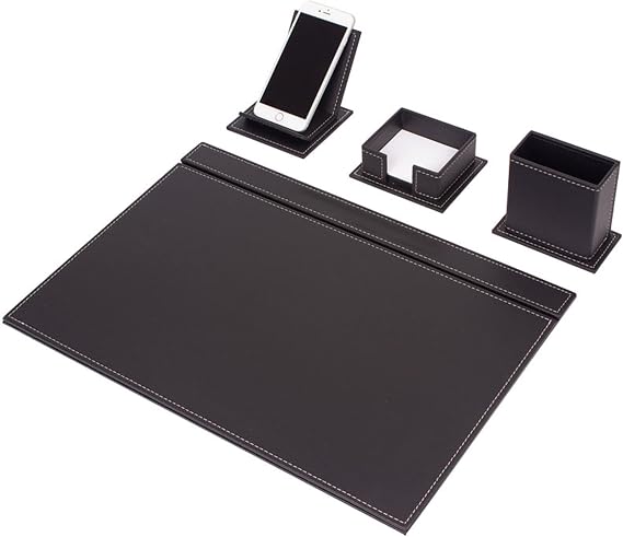 Leather Desk Set - Home Office Accessories - Desk Supplies - Leather Desk Set - Office Table Work Desk Accessories - Desk Storage Organizer - 4 Accessories-4 PCS (Black-WHITESEAM)